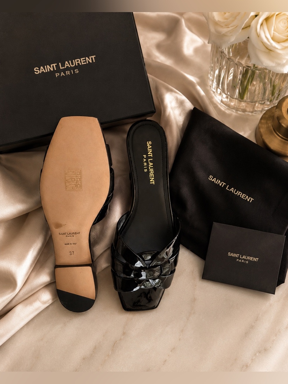 NEW!! Saint Laurent Black Patent Leather Slide Sandals